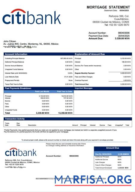 Blank Mexico Citibank Mexico mortgage statement Word and PDF template